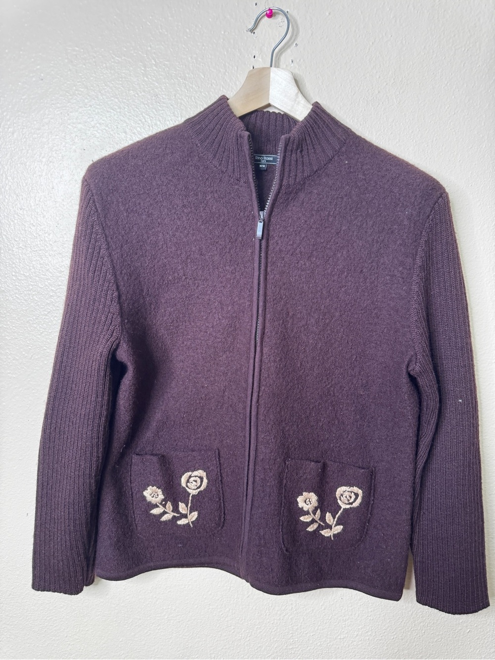 Rino Rossi Women’s Medium Brown 100% Boiled Wool Zip Jacket Floral Embroidery
